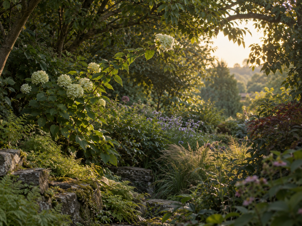 A flowering garden framed by trees in soft evening light