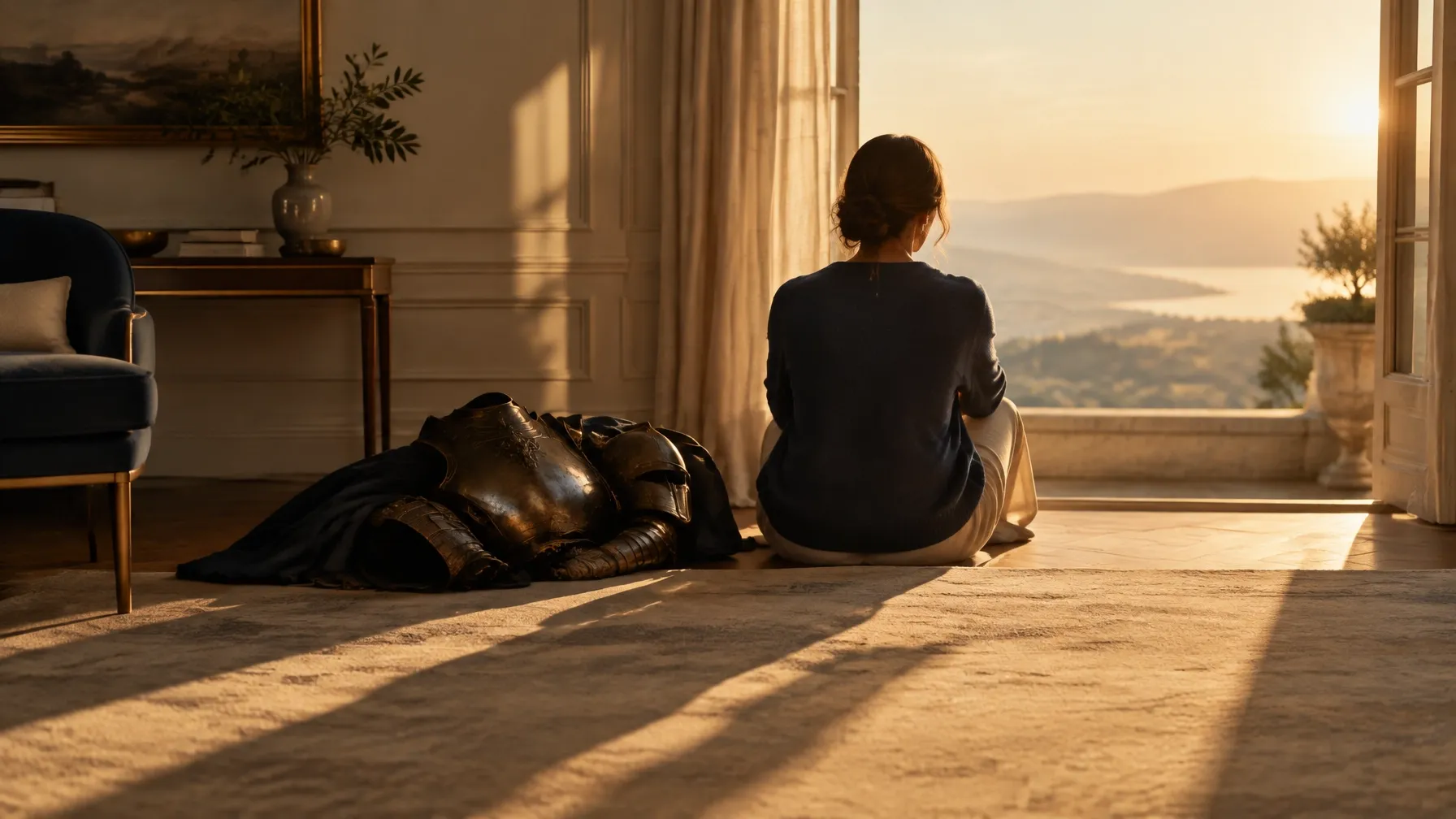 A person resting at the edge of a sunlit room, a heavy coat set down beside them