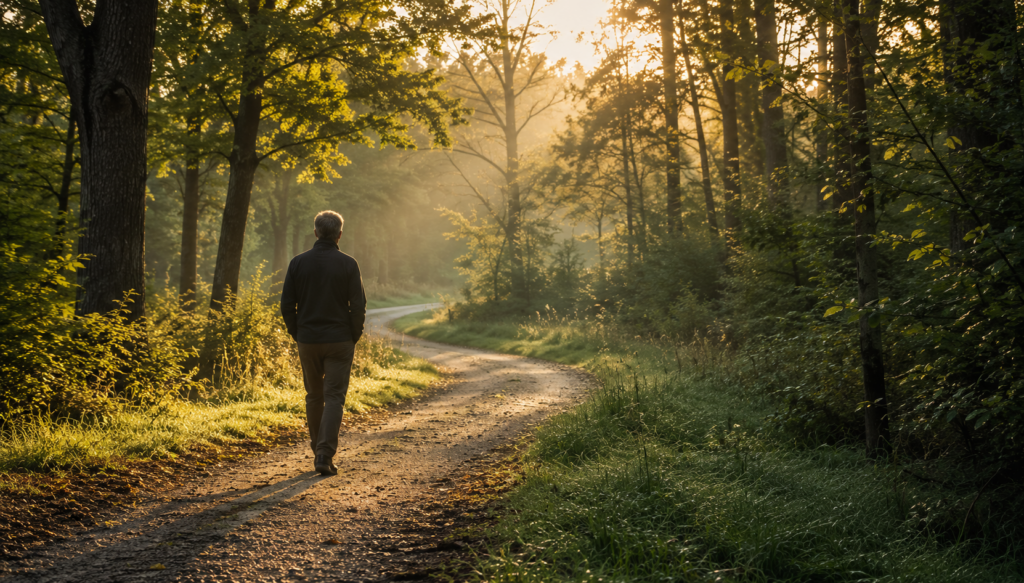A thoughtful outdoor scene in warm late-day light