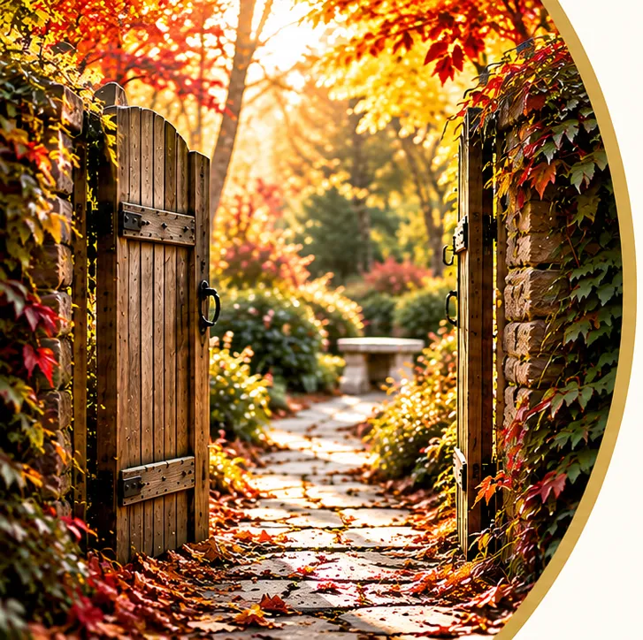 An open wooden garden gate leading through an autumn garden